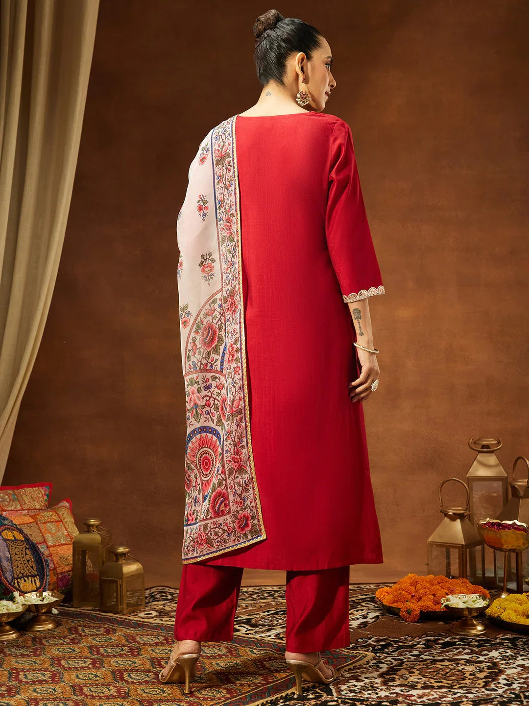 Janasya Women's Maroon Silk Blend Embellished Straight Kurta Set With Printed Dupatta Set