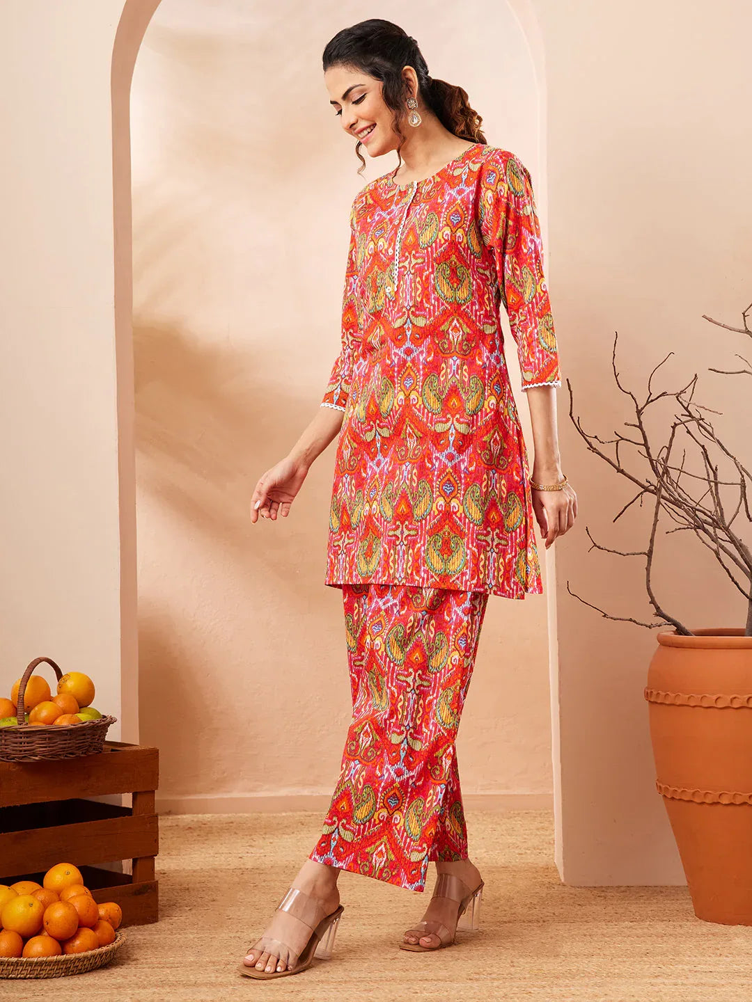 Janasya Women's Multi Pure Cotton Ikkat Printed Straight Co-ord Set