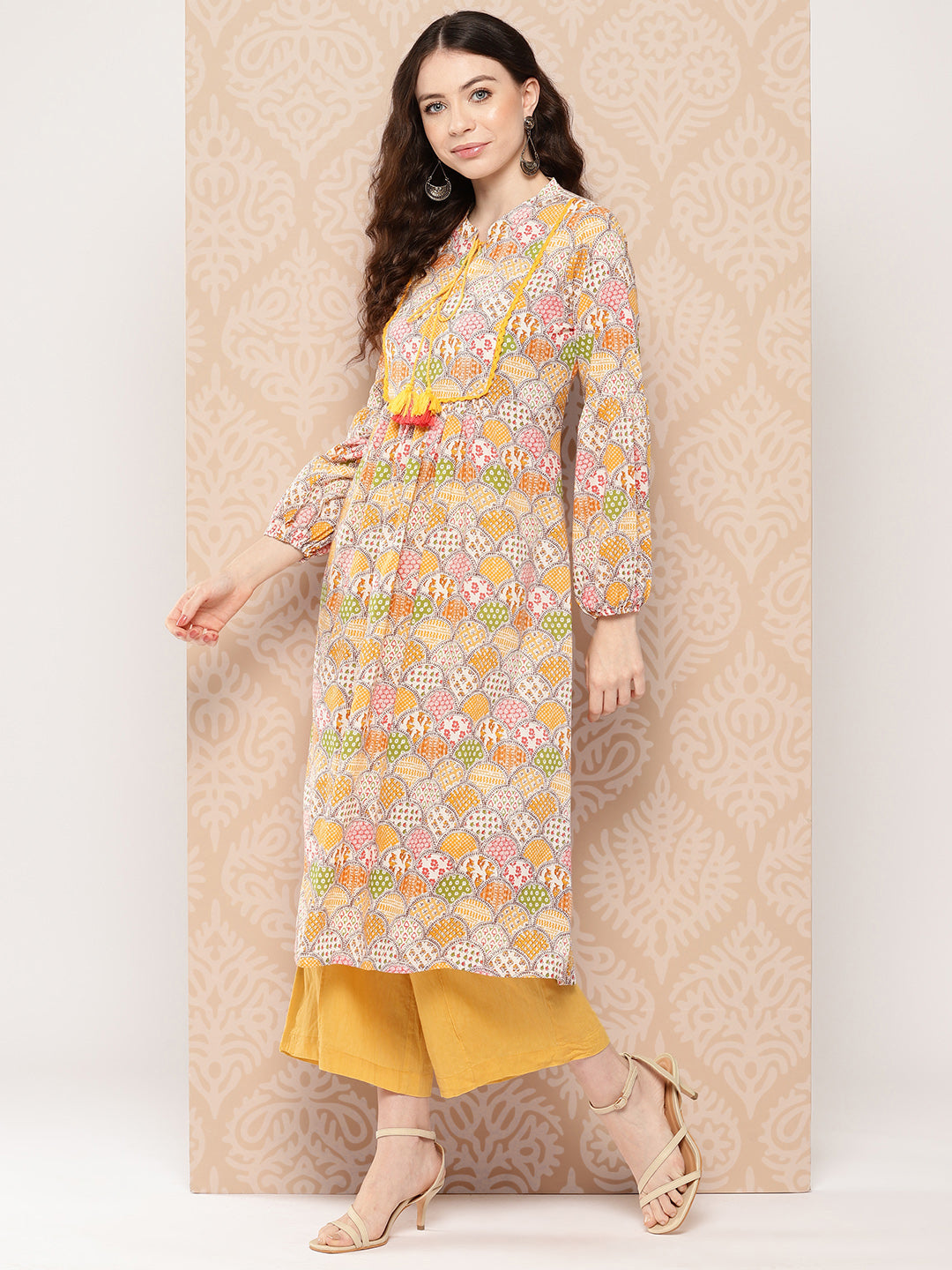 Multicolor Cotton Ethnic Motifs A-Line Kurta - qivii