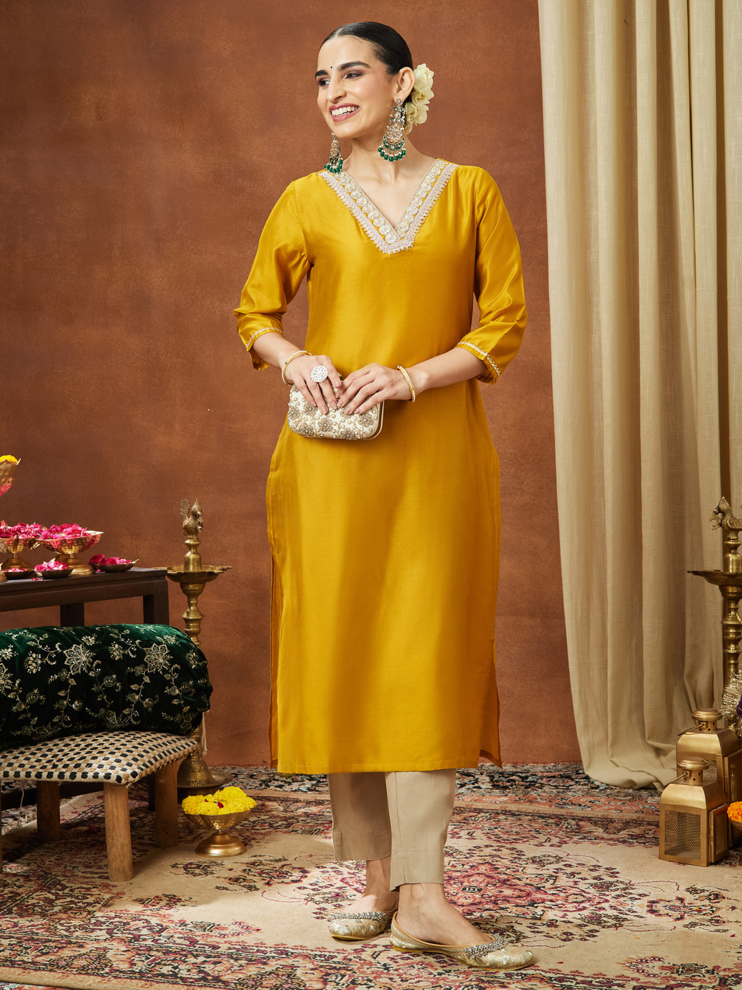 Janasya Women's Mustard Chanderi Silk Embellished Straight Kurta - qivii