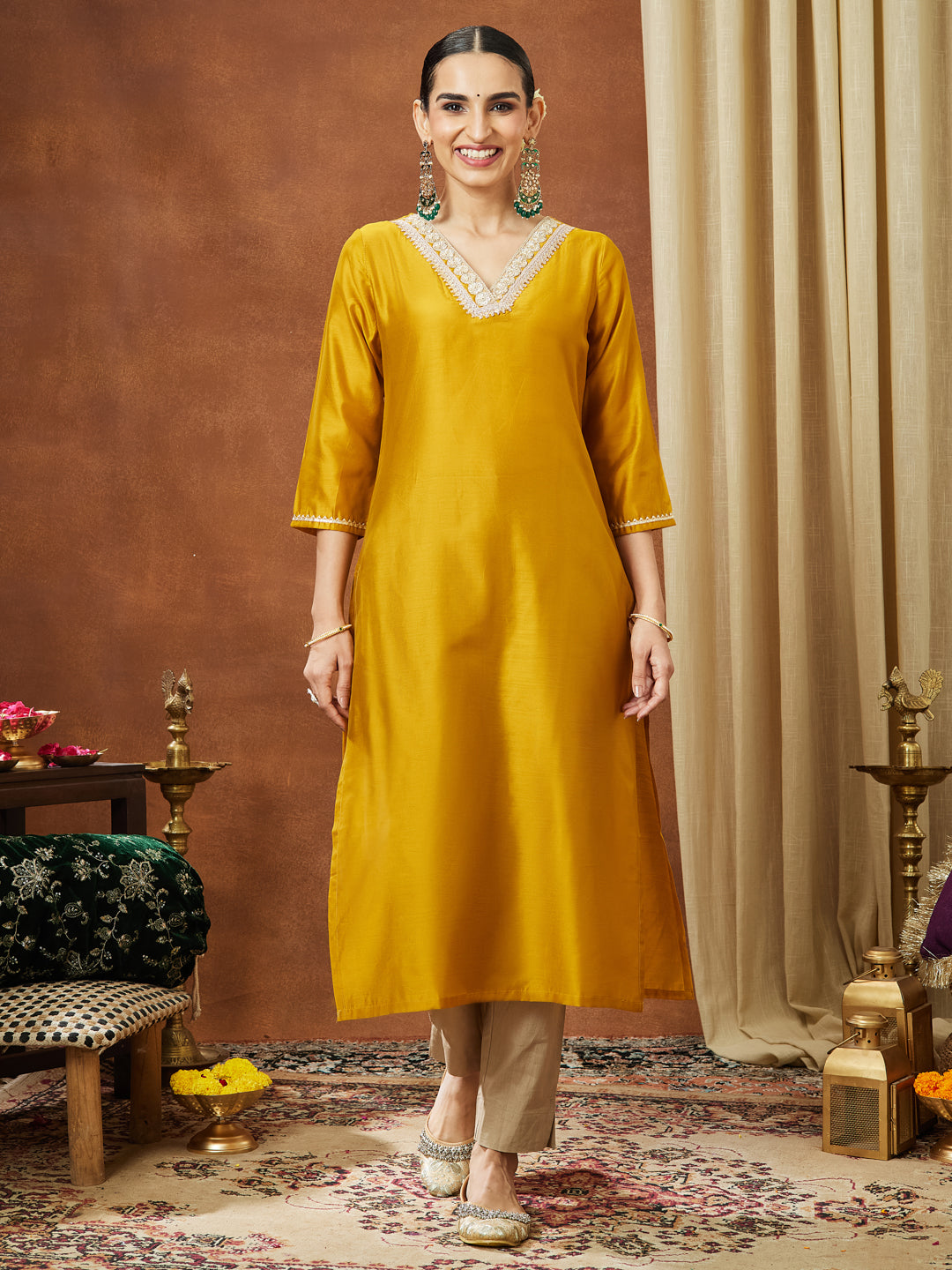 Janasya Women's Mustard Chanderi Silk Embellished Straight Kurta - qivii