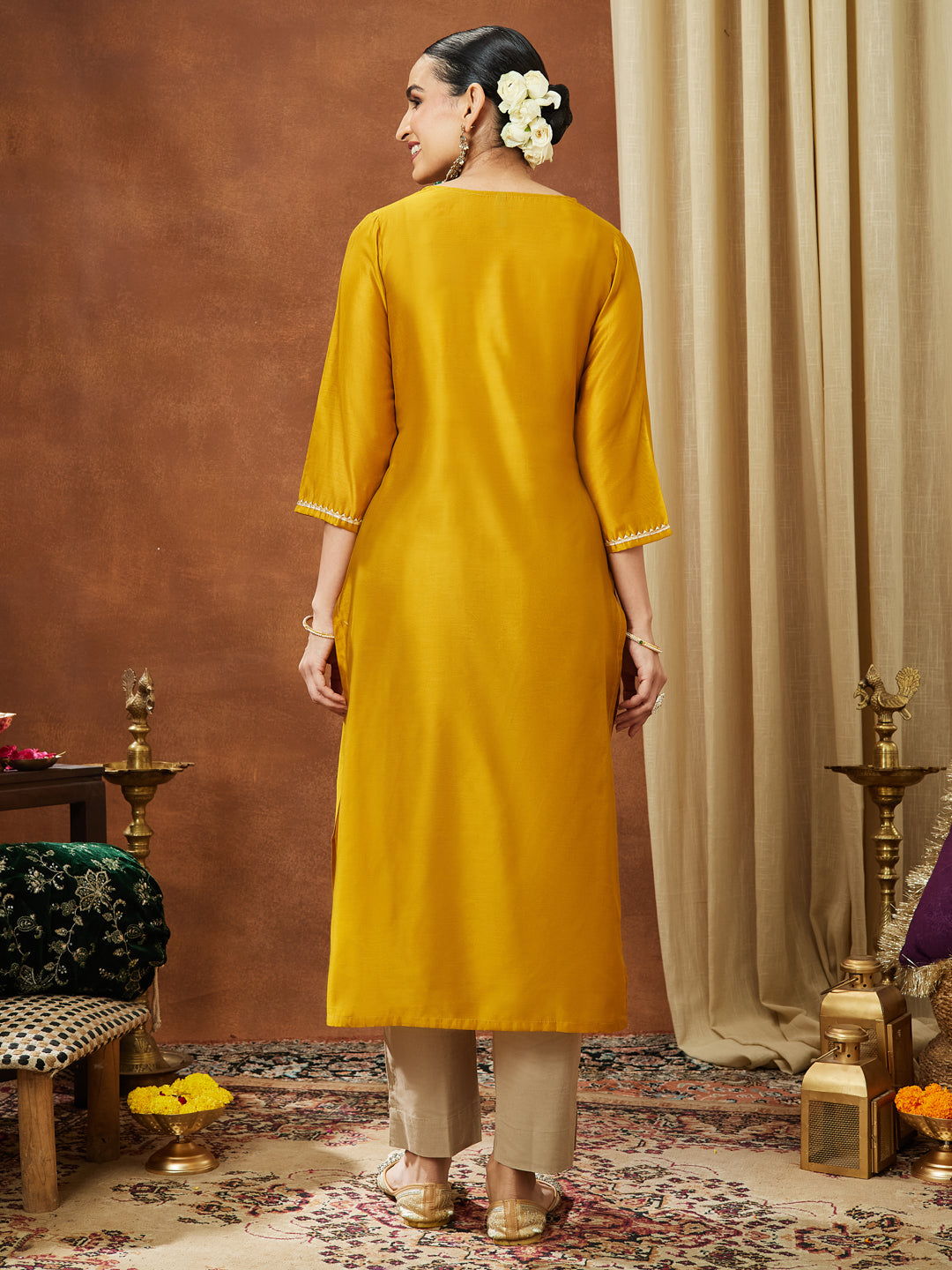 Janasya Women's Mustard Chanderi Silk Embellished Straight Kurta - qivii