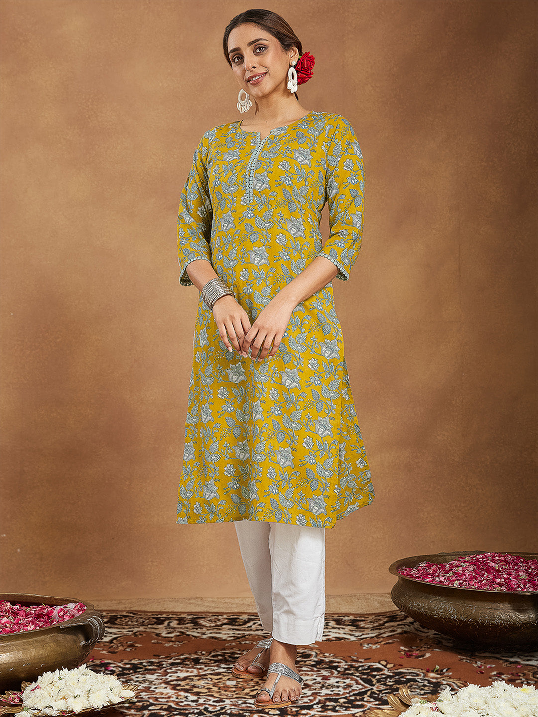 Janasya Women's Mustard Pure Cotton Floral Printed Straight Kurta - qivii