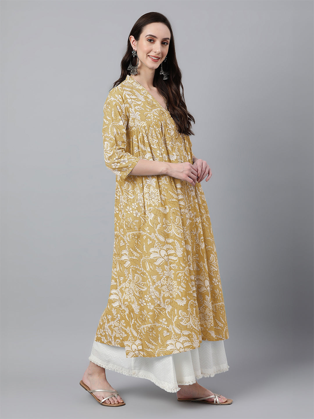 Mustard Pure Cotton Floral Printed Flared Kurta - qivii