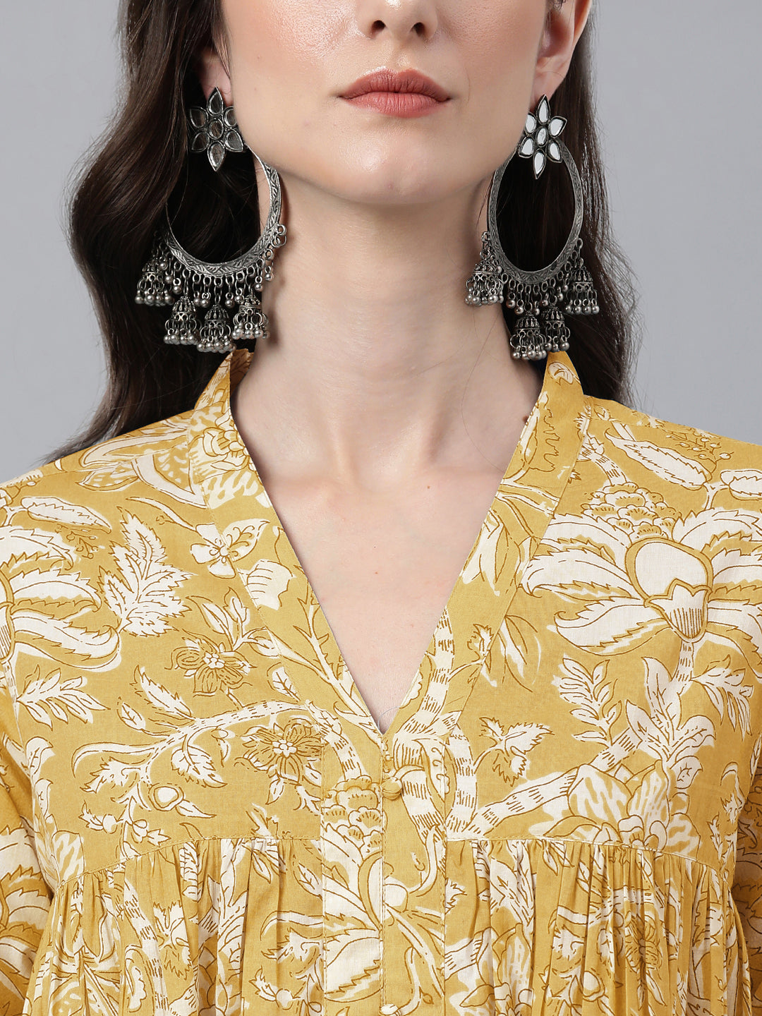 Mustard Pure Cotton Floral Printed Flared Kurta - qivii