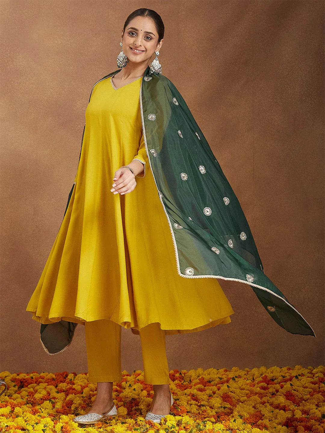 Janasya Women Mustard Yellow Rayon Embellished Anarkali Kurta Set With Green Dupatta