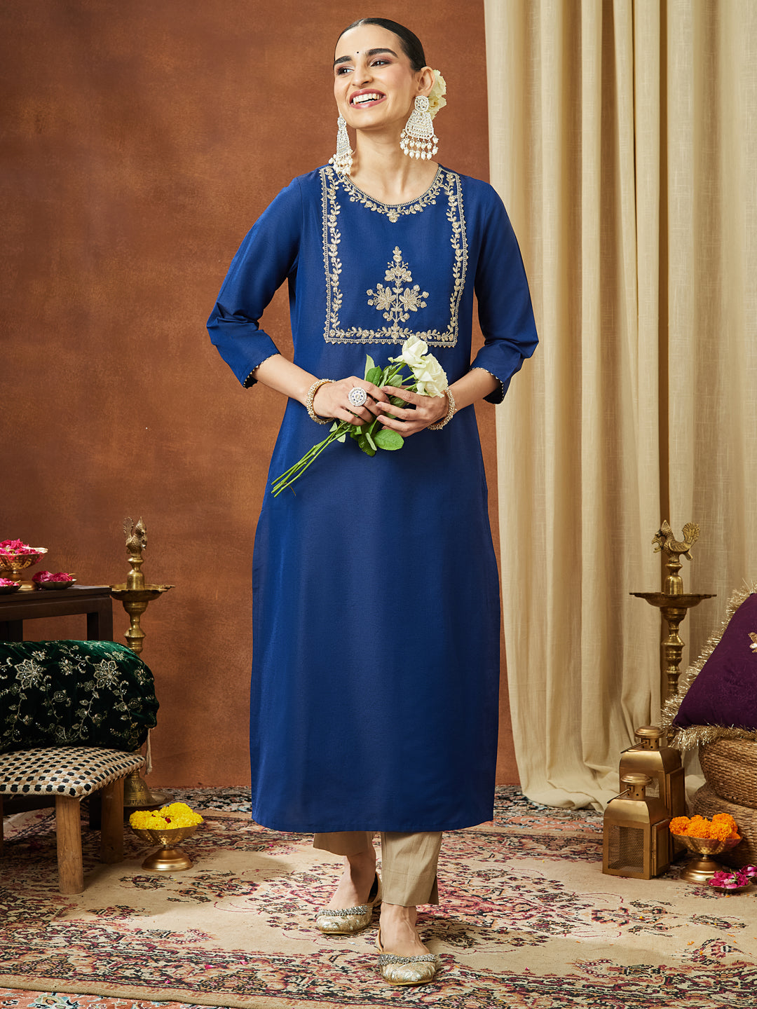 Janasya Women's Navy Blue Chanderi Silk Zari Yoke Embroidered Straight Kurta