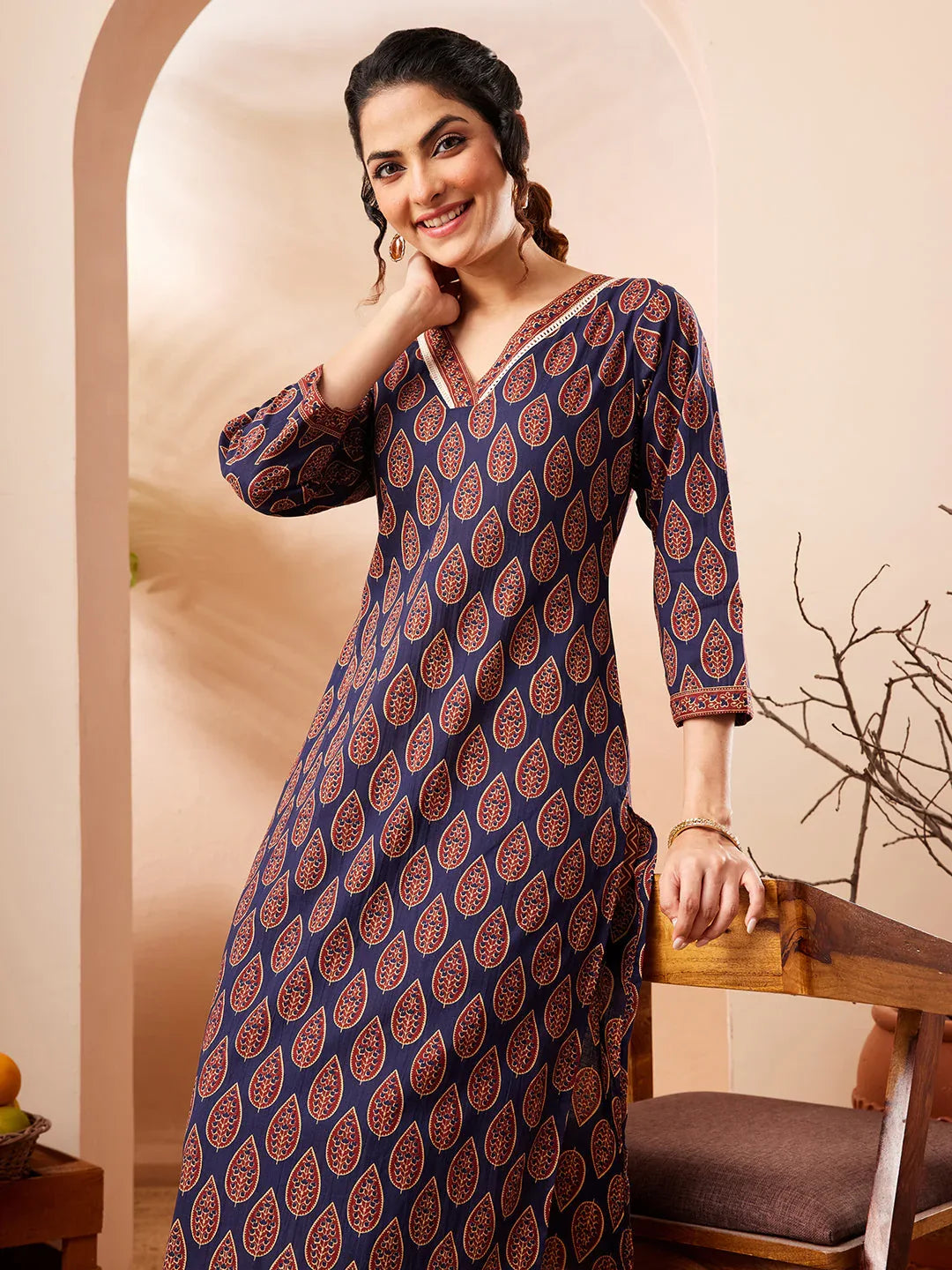 Janasya Women's Navy Blue Pure Cotton Printed Straight Kurta Pant Set