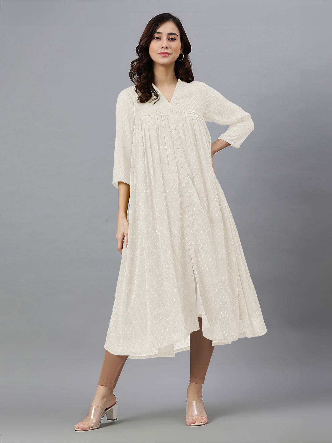 Off White Dobby Chiffon Self Design Flared Kurta - qivii