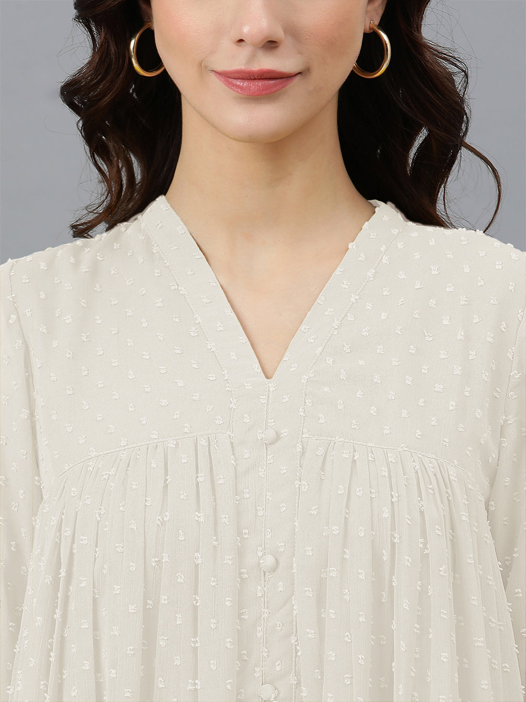 Off White Dobby Chiffon Self Design Flared Kurta - qivii