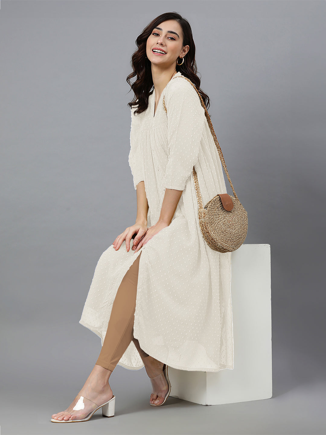 Off White Dobby Chiffon Self Design Flared Kurta - qivii
