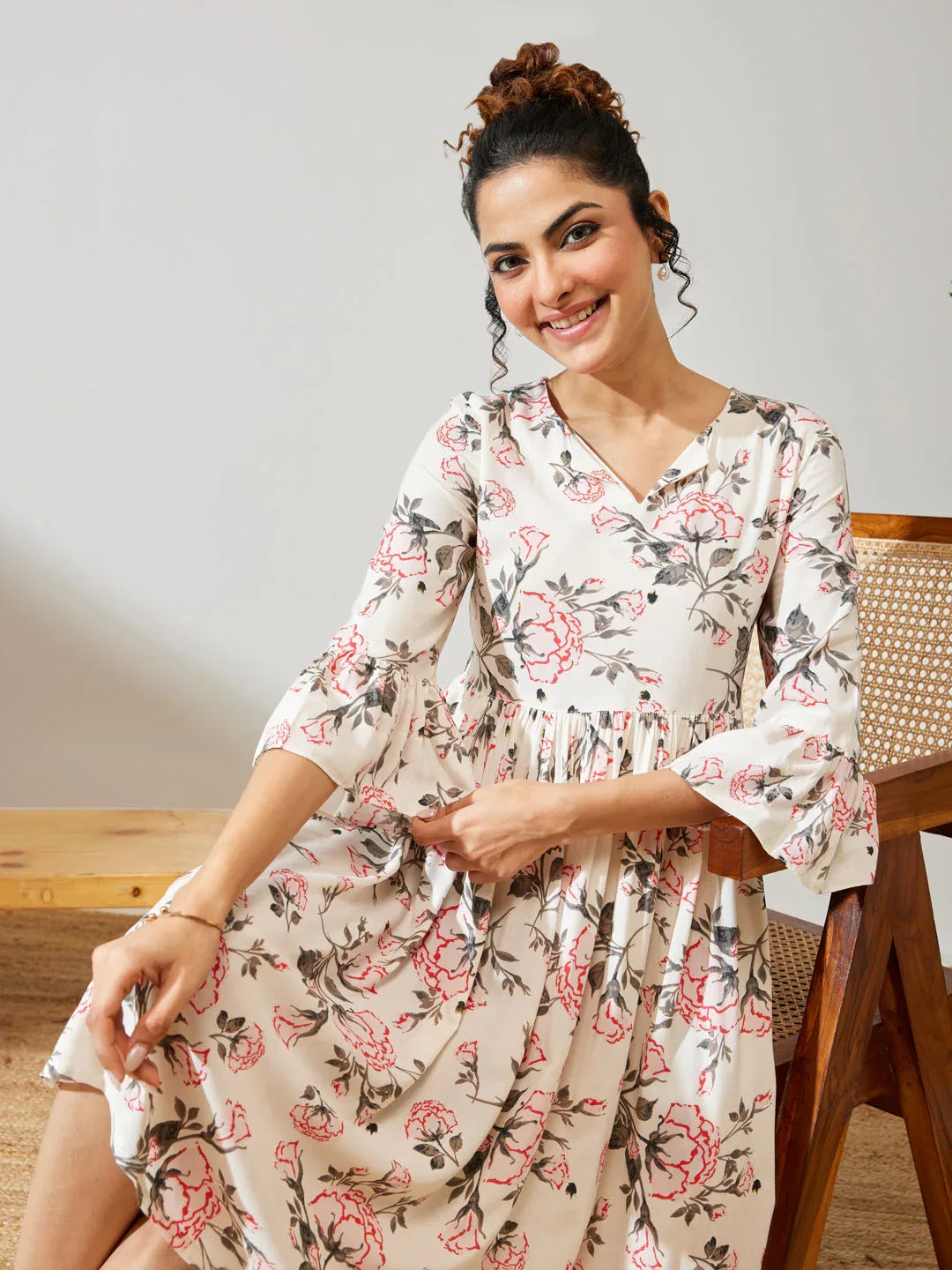 Janasya Women's Off White Rayon Floral Printed A-line Dress