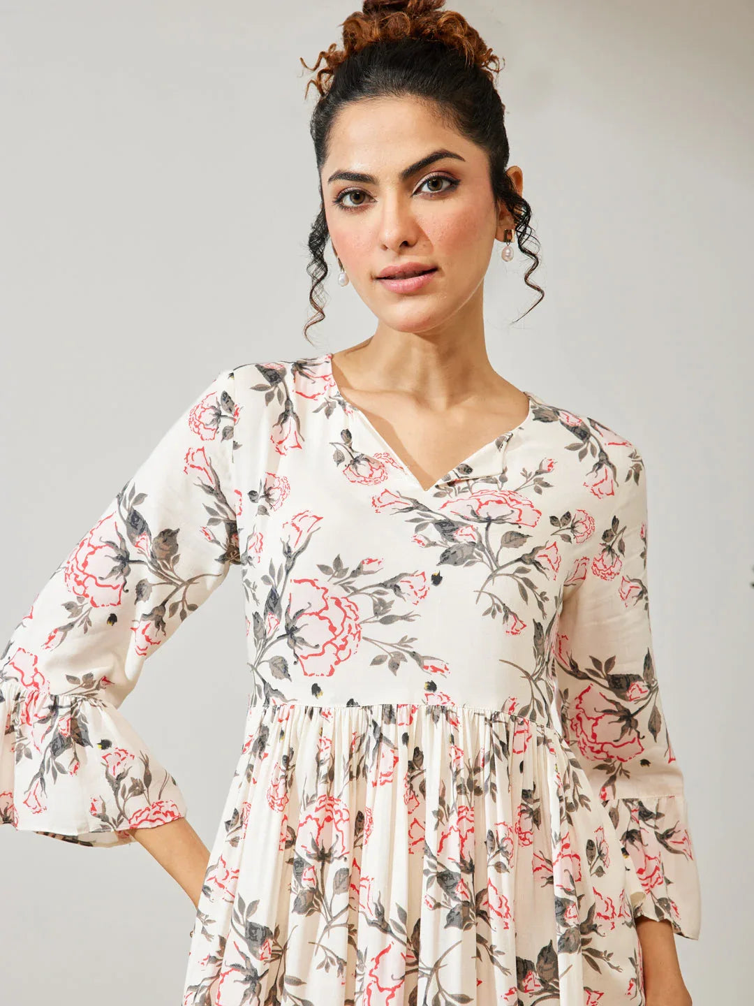 Janasya Women's Off White Rayon Floral Printed A-line Dress