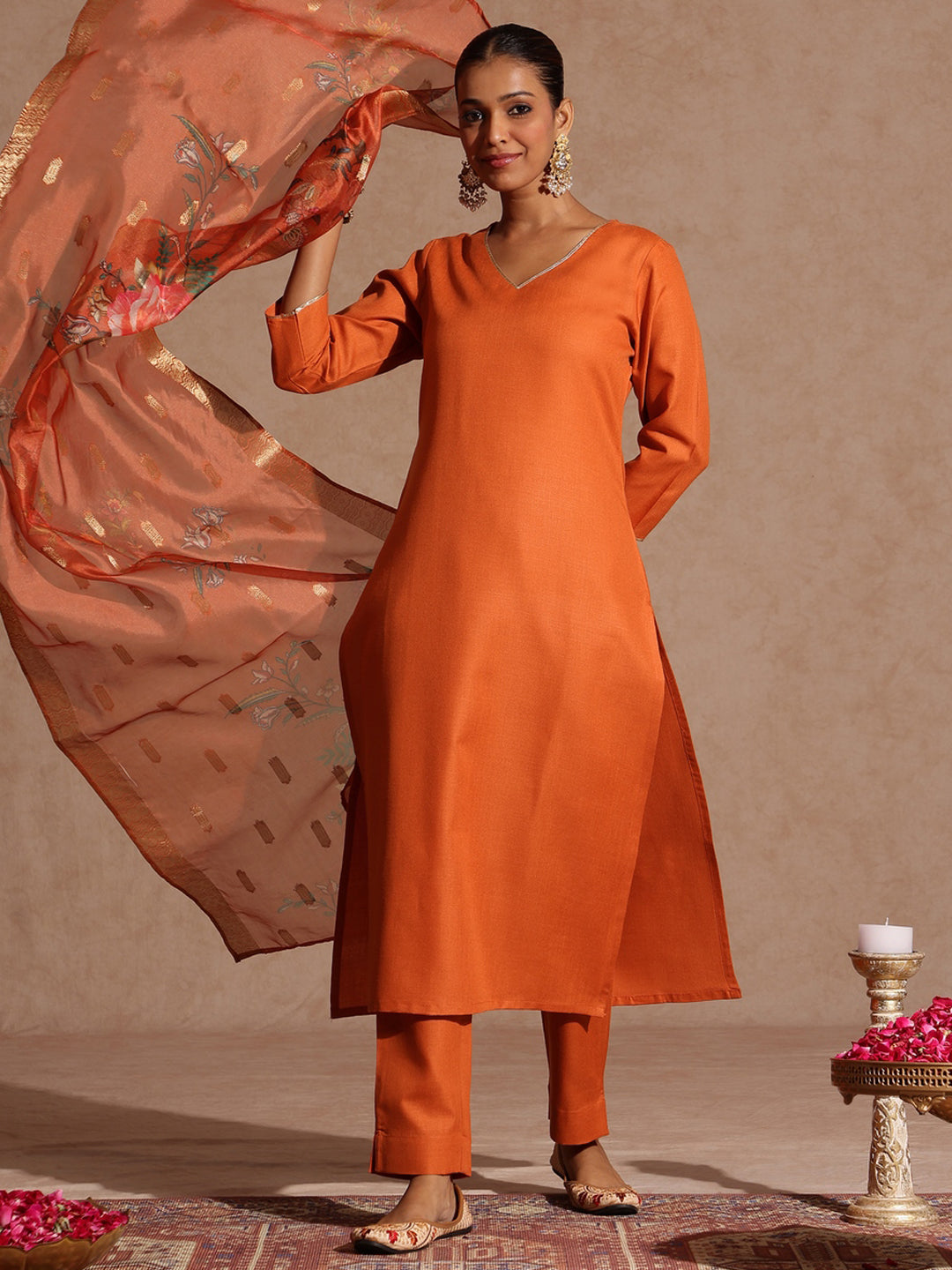 Janasya Women's Orange Cotton Blend Yoke Design Straight Kurta Set With Printed Dupatta - qivii