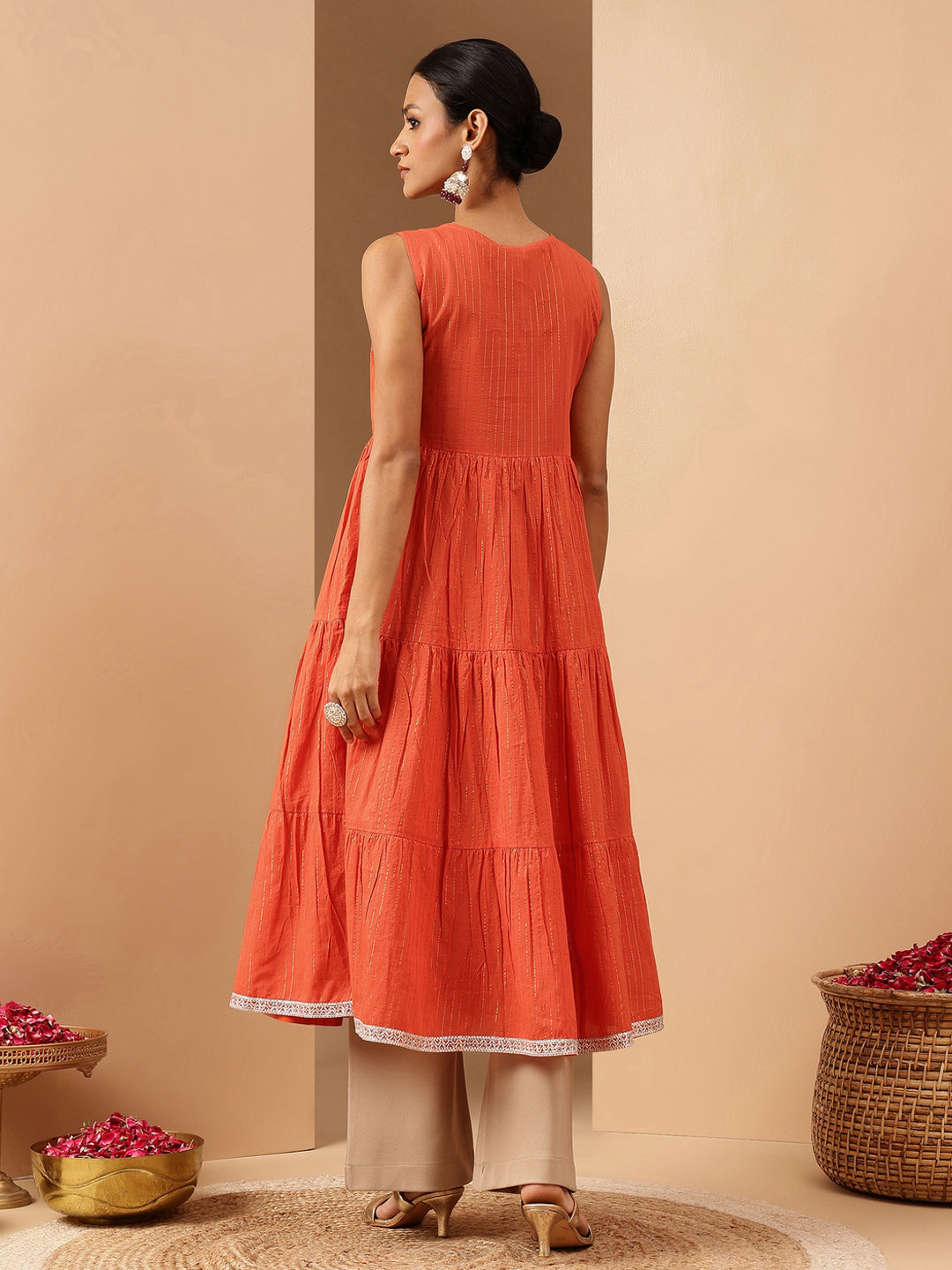 Janasya Women's Orange Pure Cotton Yoke Embroidered Tiered Kurta - qivii