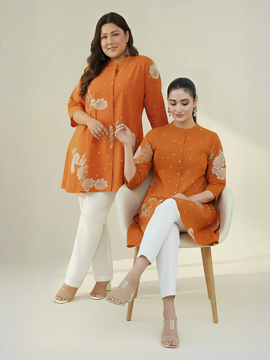 Orange Cotton Floral Printed Flared Tunic