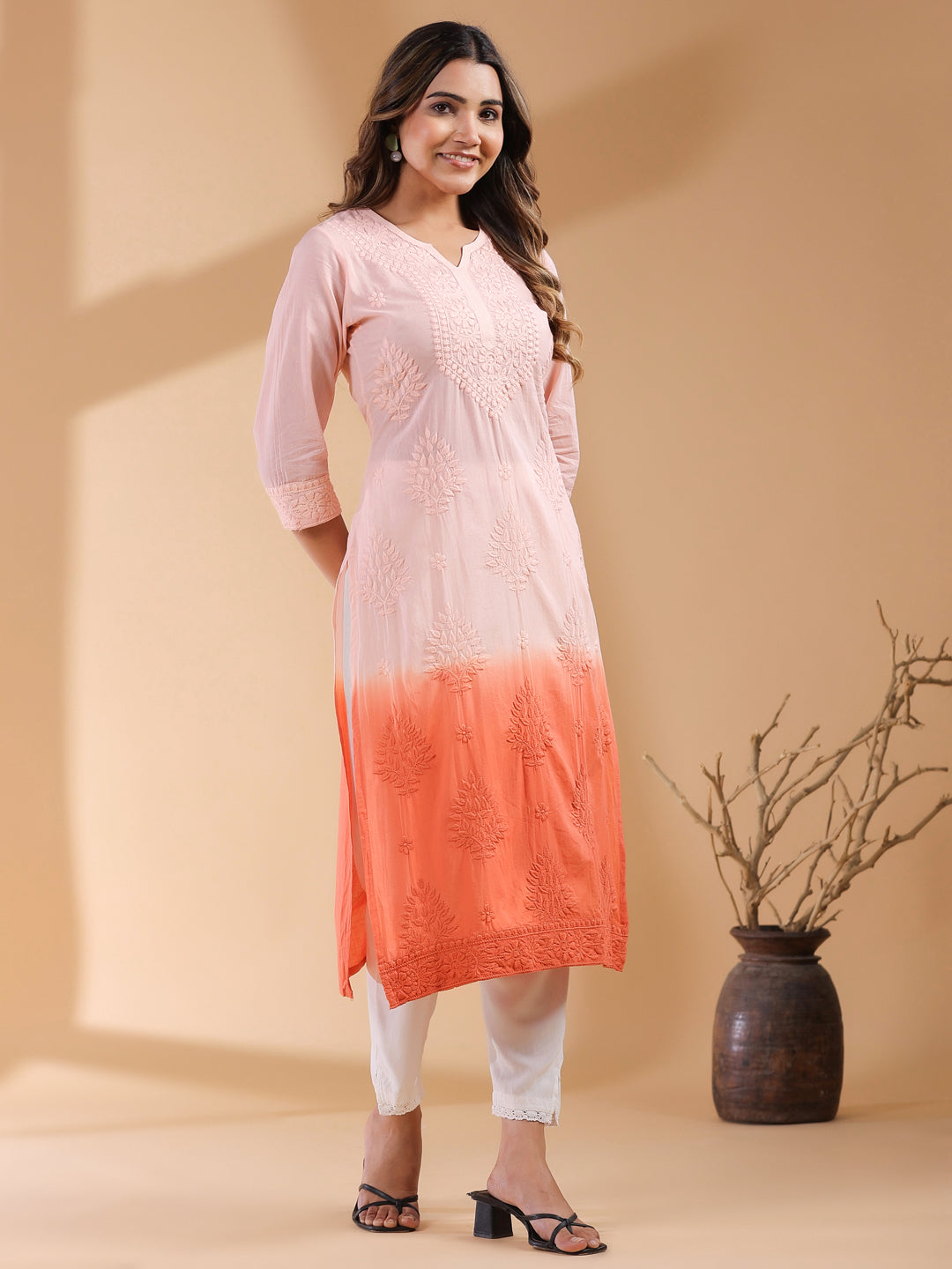 Peach Ombre Pure Cotton Chikankari Embroidered Straight Kurta - qivii