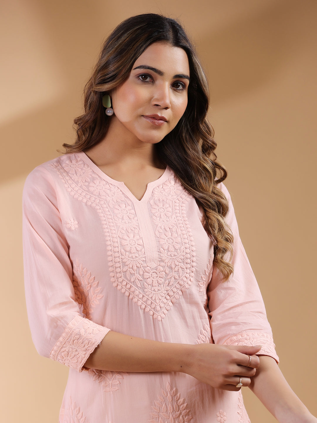 Peach Ombre Pure Cotton Chikankari Embroidered Straight Kurta - qivii