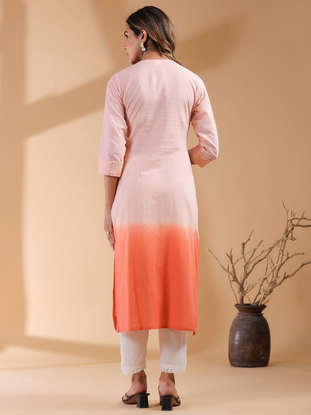Peach Ombre Pure Cotton Chikankari Embroidered Straight Kurta - qivii