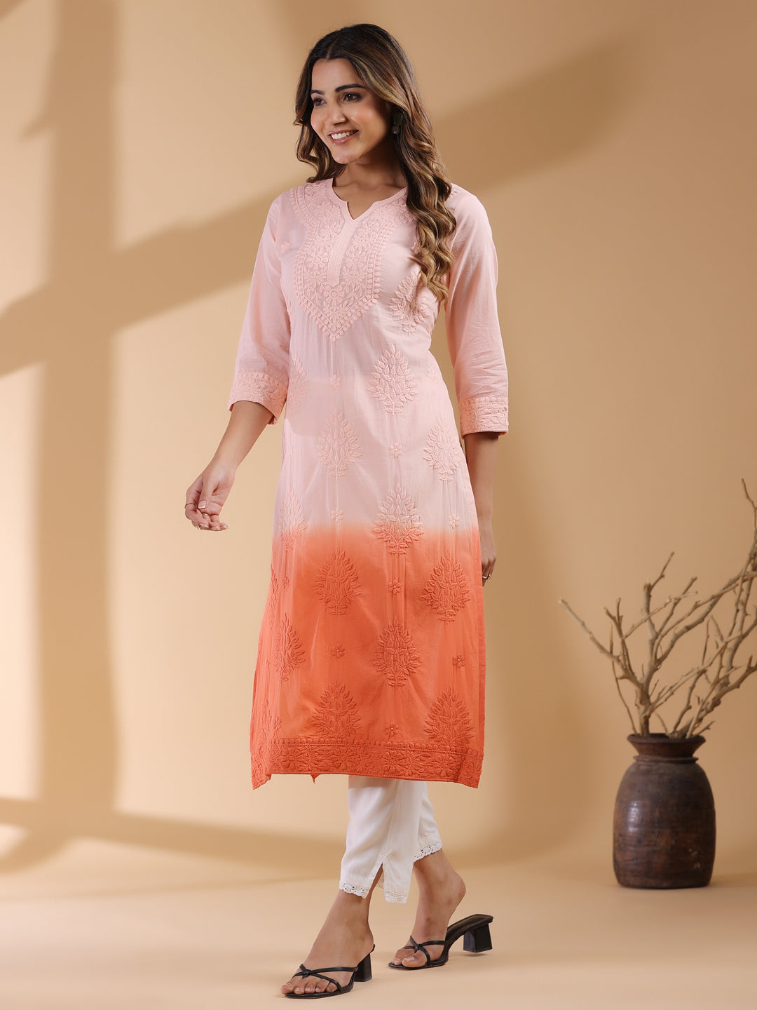 Peach Ombre Pure Cotton Chikankari Embroidered Straight Kurta - qivii