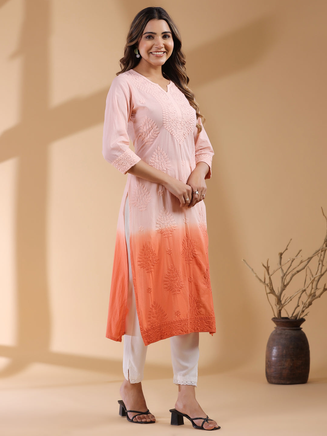 Peach Ombre Pure Cotton Chikankari Embroidered Straight Kurta - qivii