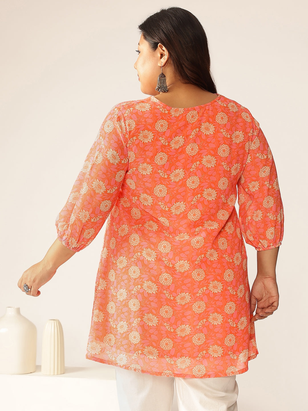 Plus Size Peach Georgette Floral Printed A-line Tunic - qivii