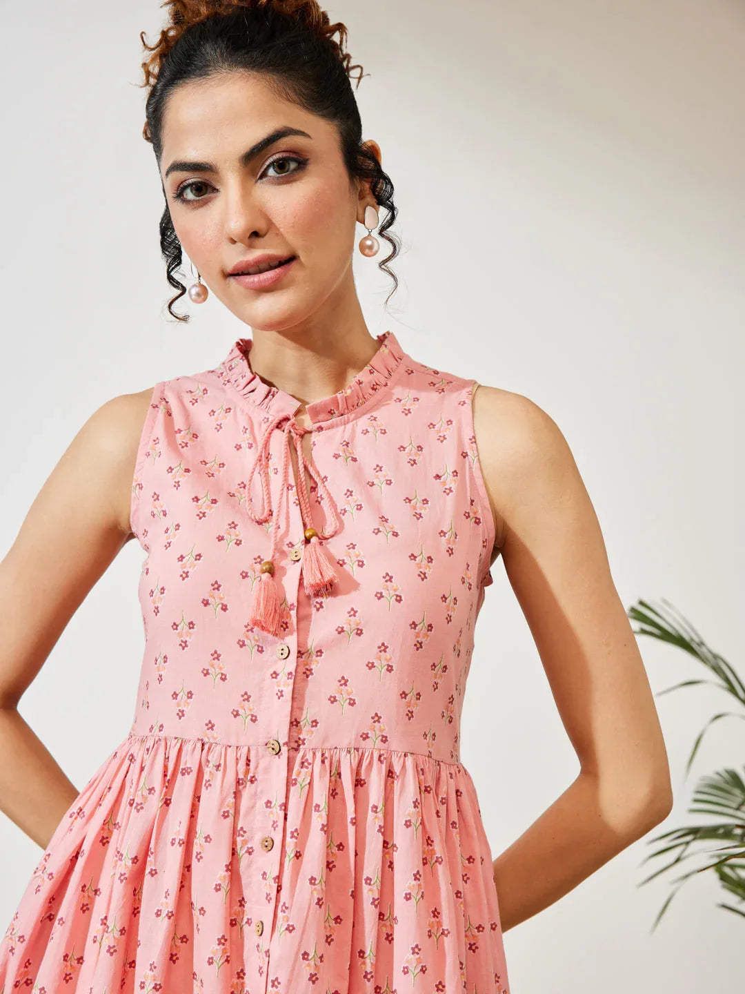 Janasya Women's Peach Cotton Floral Printed Fit & Flare Dress