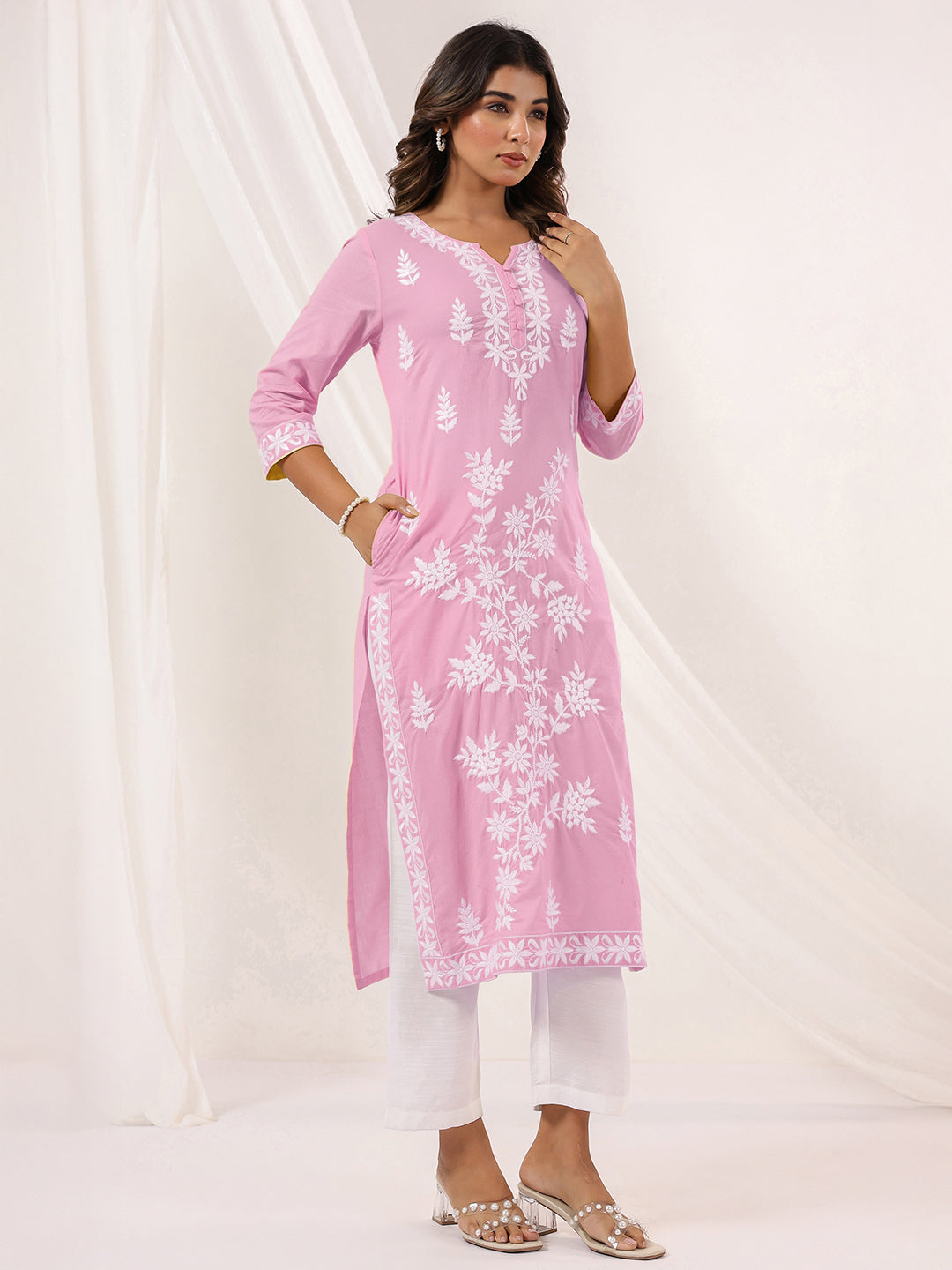 Janasya Women's Light Pink Pure Cotton Embroidered Straight Kurta - qivii