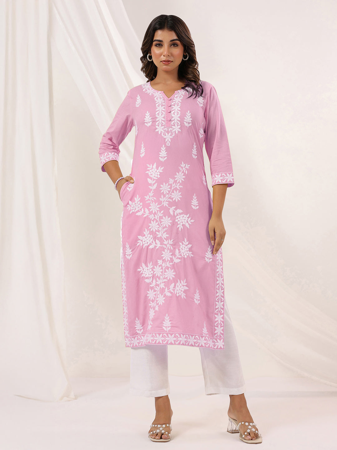 Janasya Women's Light Pink Pure Cotton Embroidered Straight Kurta - qivii
