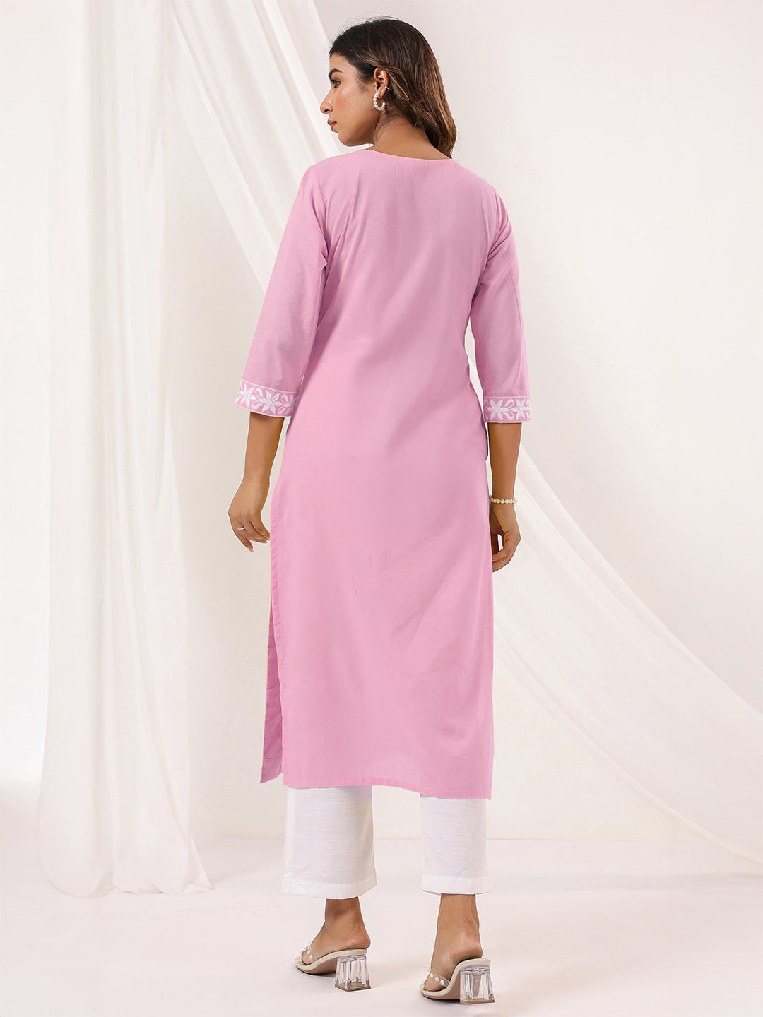 Janasya Women's Light Pink Pure Cotton Embroidered Straight Kurta - qivii