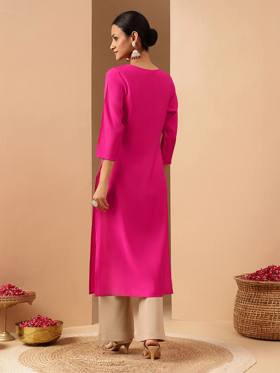 Janasya Women's Pink Chanderi Silk Yoke Embroidery Straight Kurta - qivii