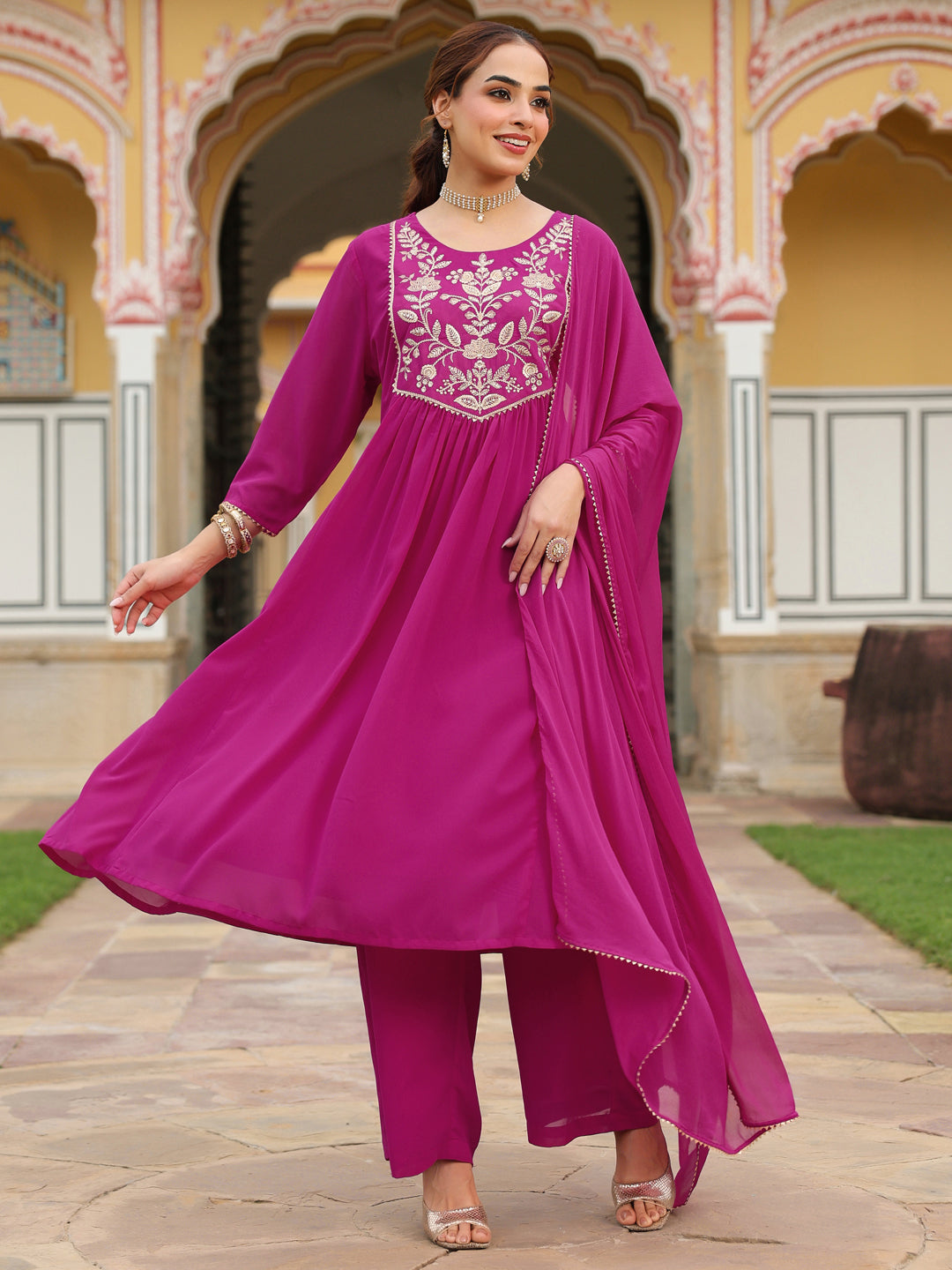 Janasya Women's Pink Georgette Embroidered A-line Kurta With Palazzo Dupatta Set - qivii