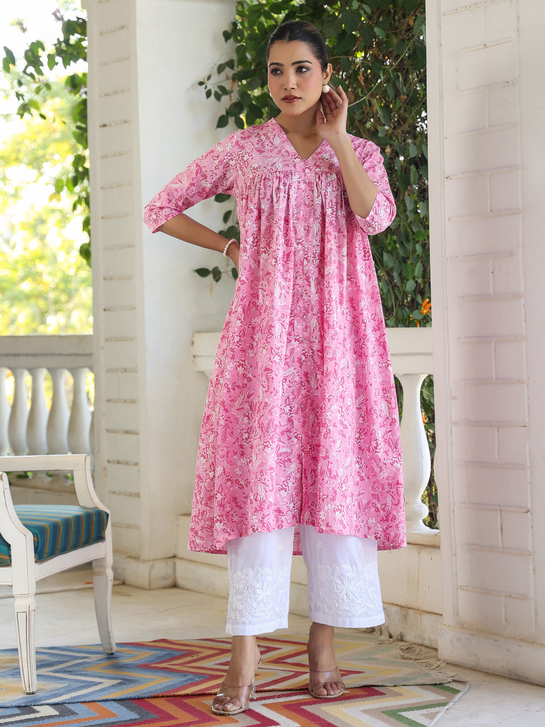Pink Pure Cotton Floral Printed Empire Kurta - qivii