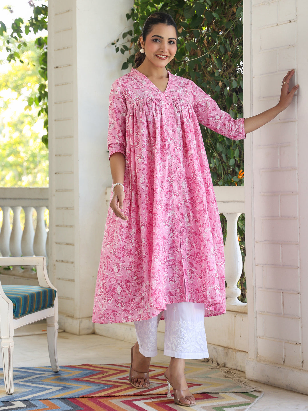Pink Pure Cotton Floral Printed Empire Kurta - qivii
