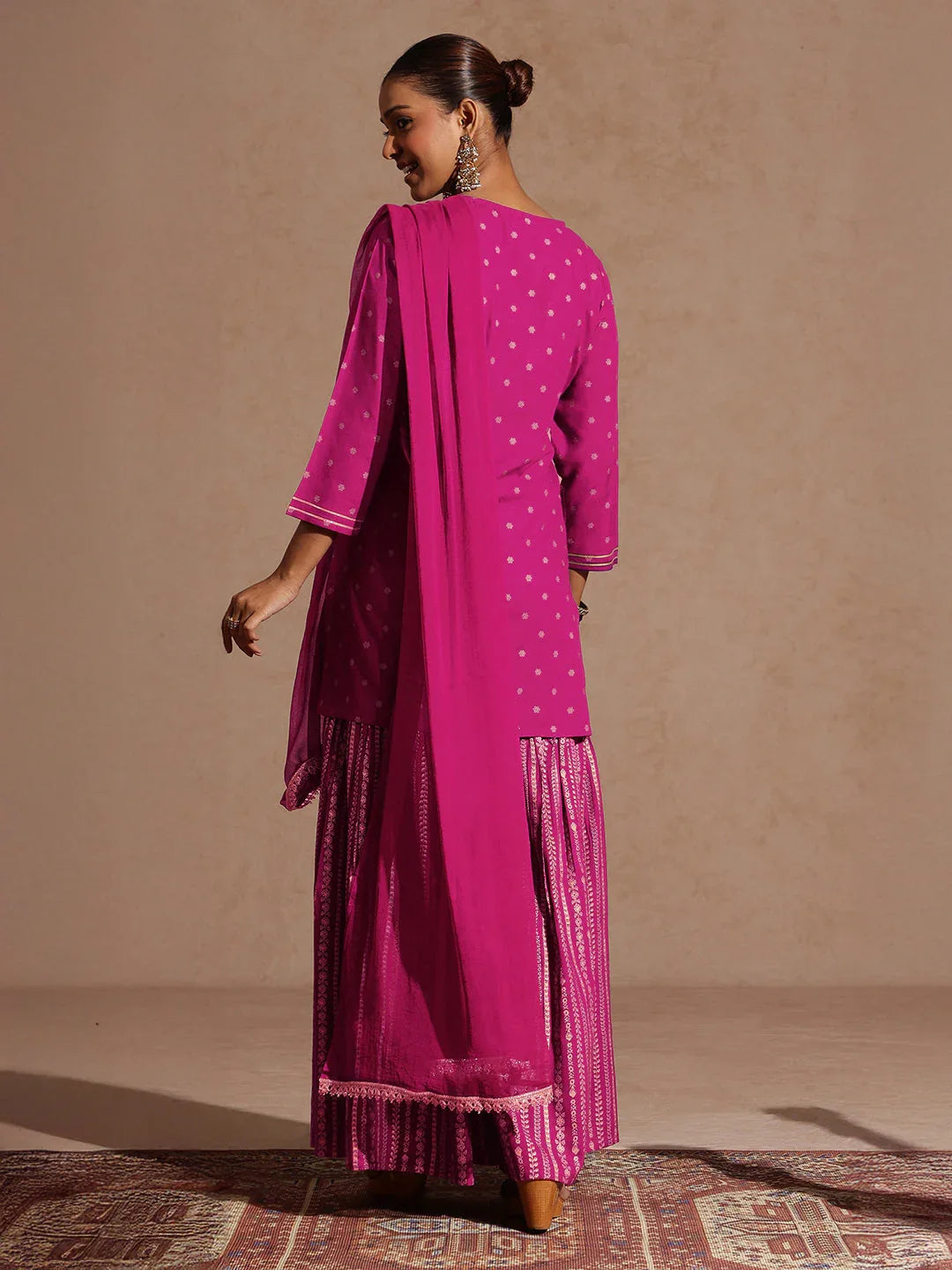 Janasya Women's Pink Rayon Gold Foil Printed Kurti With Sharara & Dupatta Set