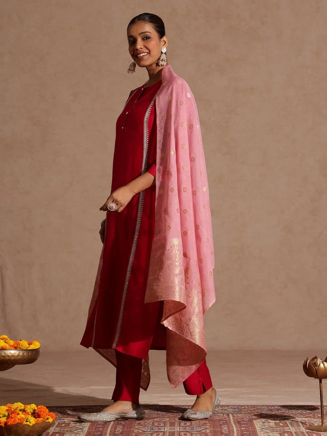 Janasya Women's Pink Silk Blend Embellished Straight Kurta Set
