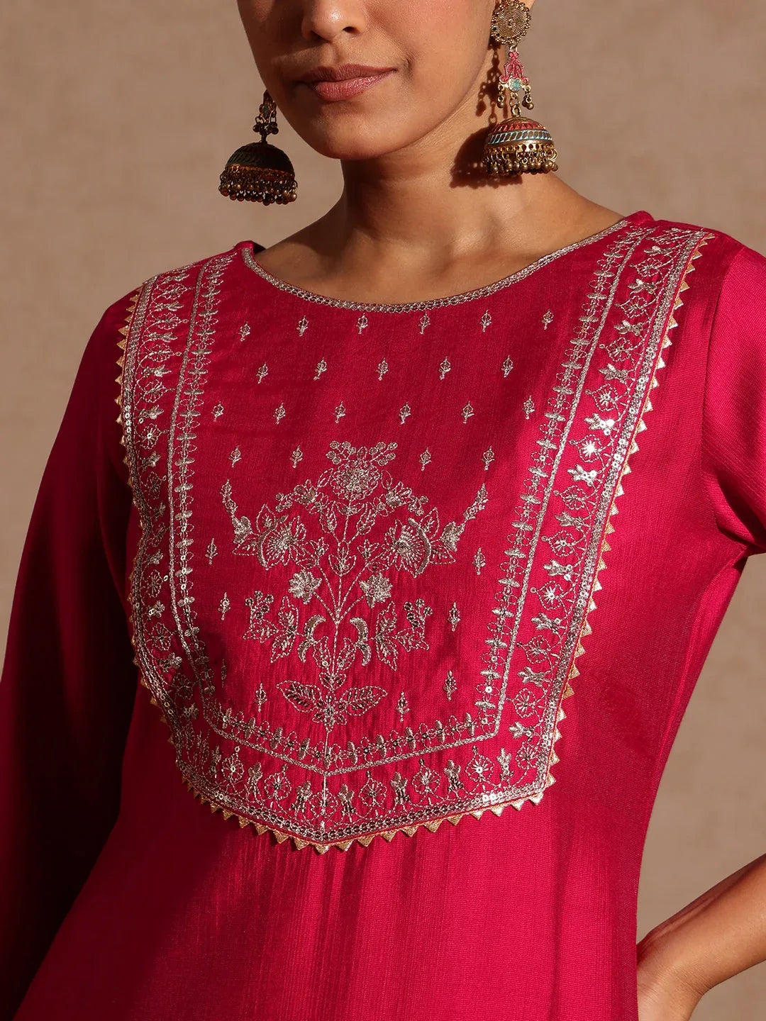 Janasya Women's Pink Silk Blend Zari Yoke Embroidered Straight Kurta Set
