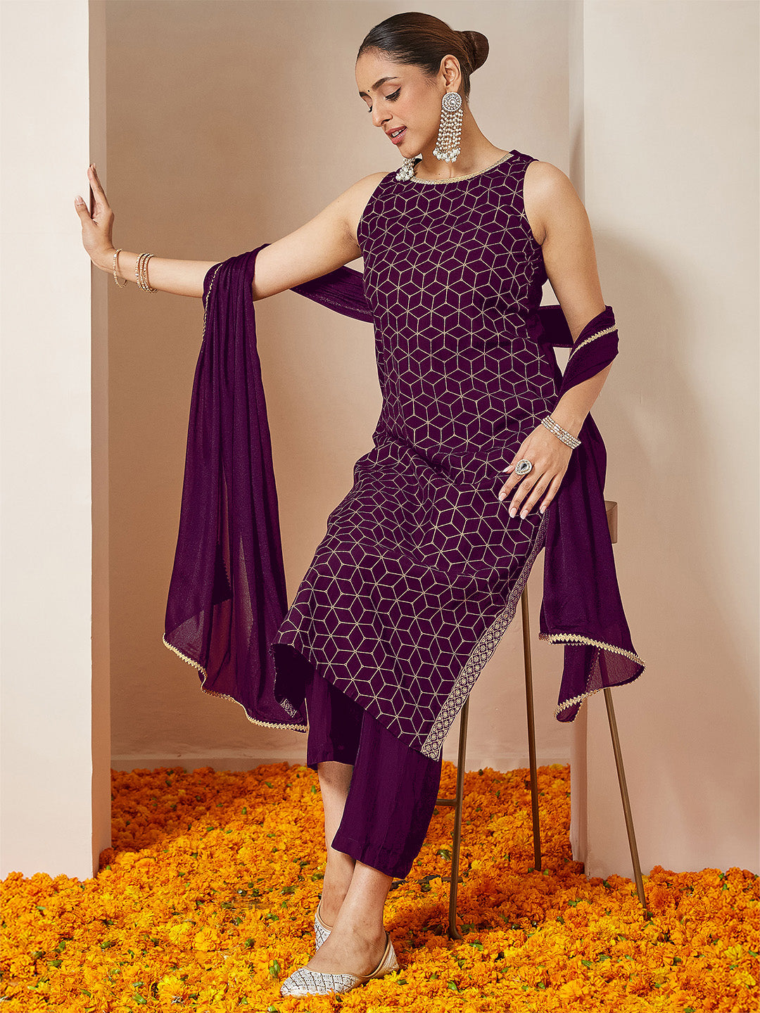 Janasya Women's Purple Chanderi Silk Embellished Gold Printed Straight Kurta Set - qivii