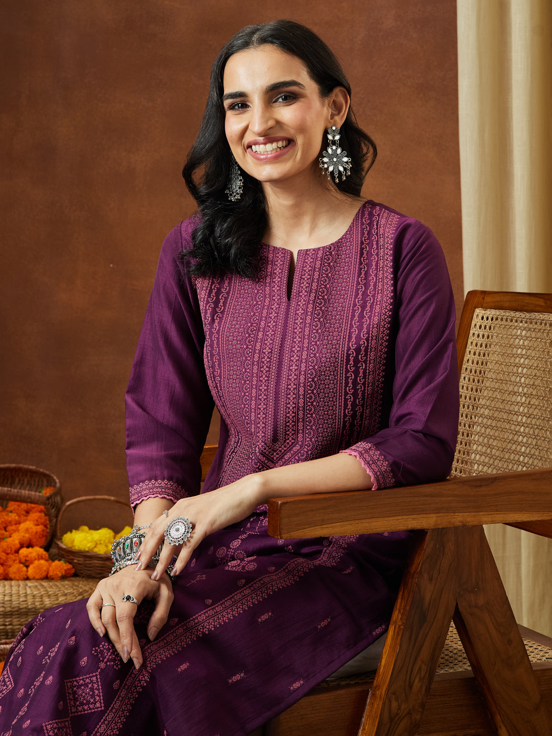 Janasya Women's Wine Silk Blend Ethnic Printed Straight Kurta