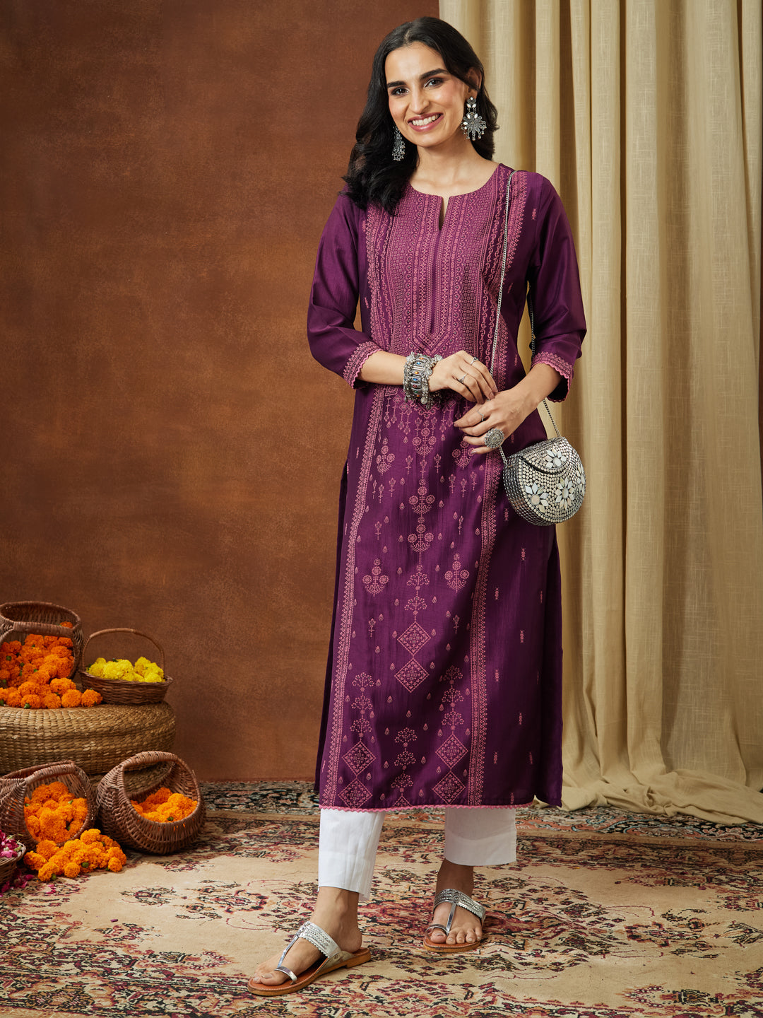 Janasya Women's Wine Silk Blend Ethnic Printed Straight Kurta