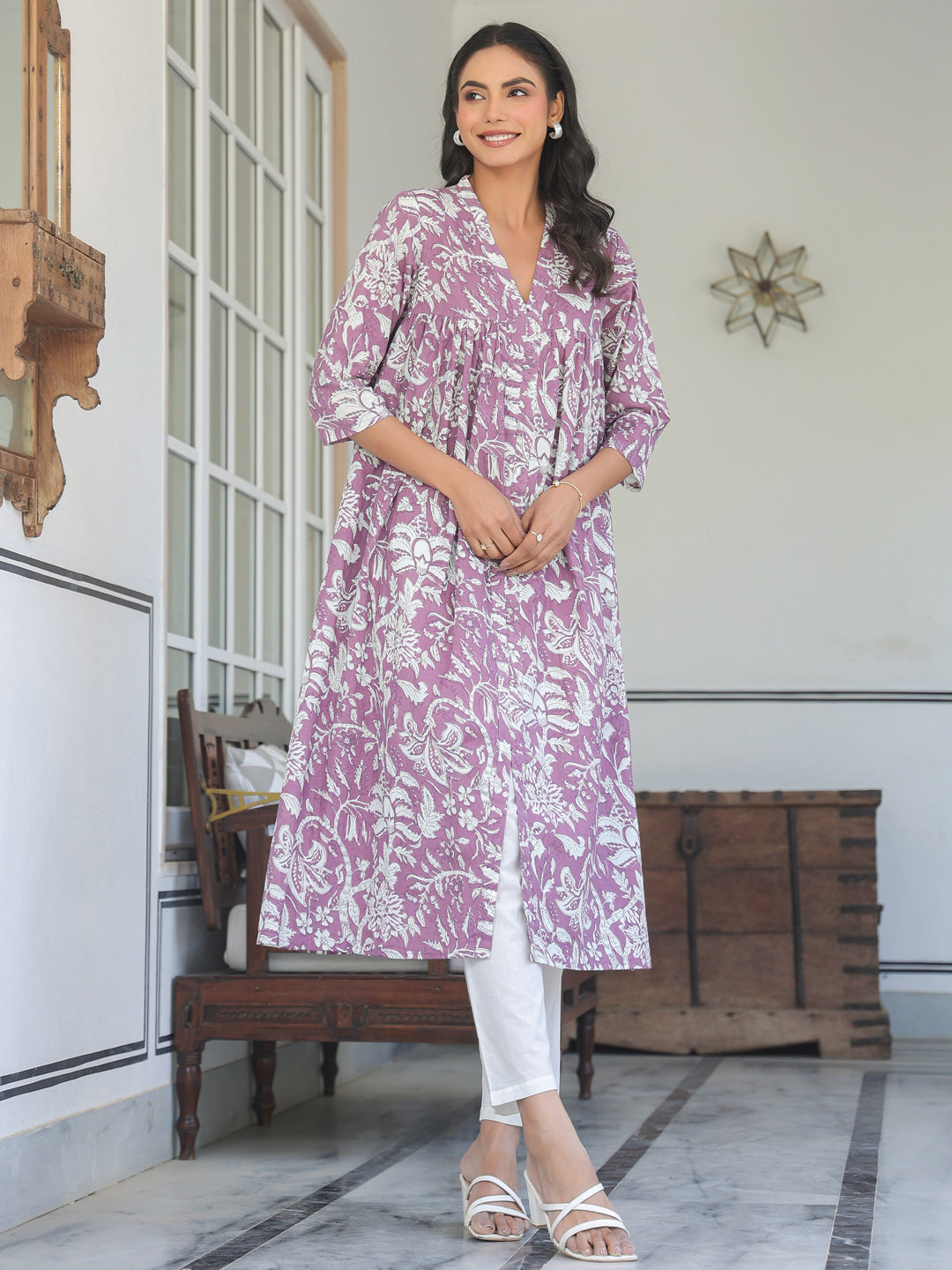 Purple Pure Cotton Floral Printed Flared Kurta - qivii