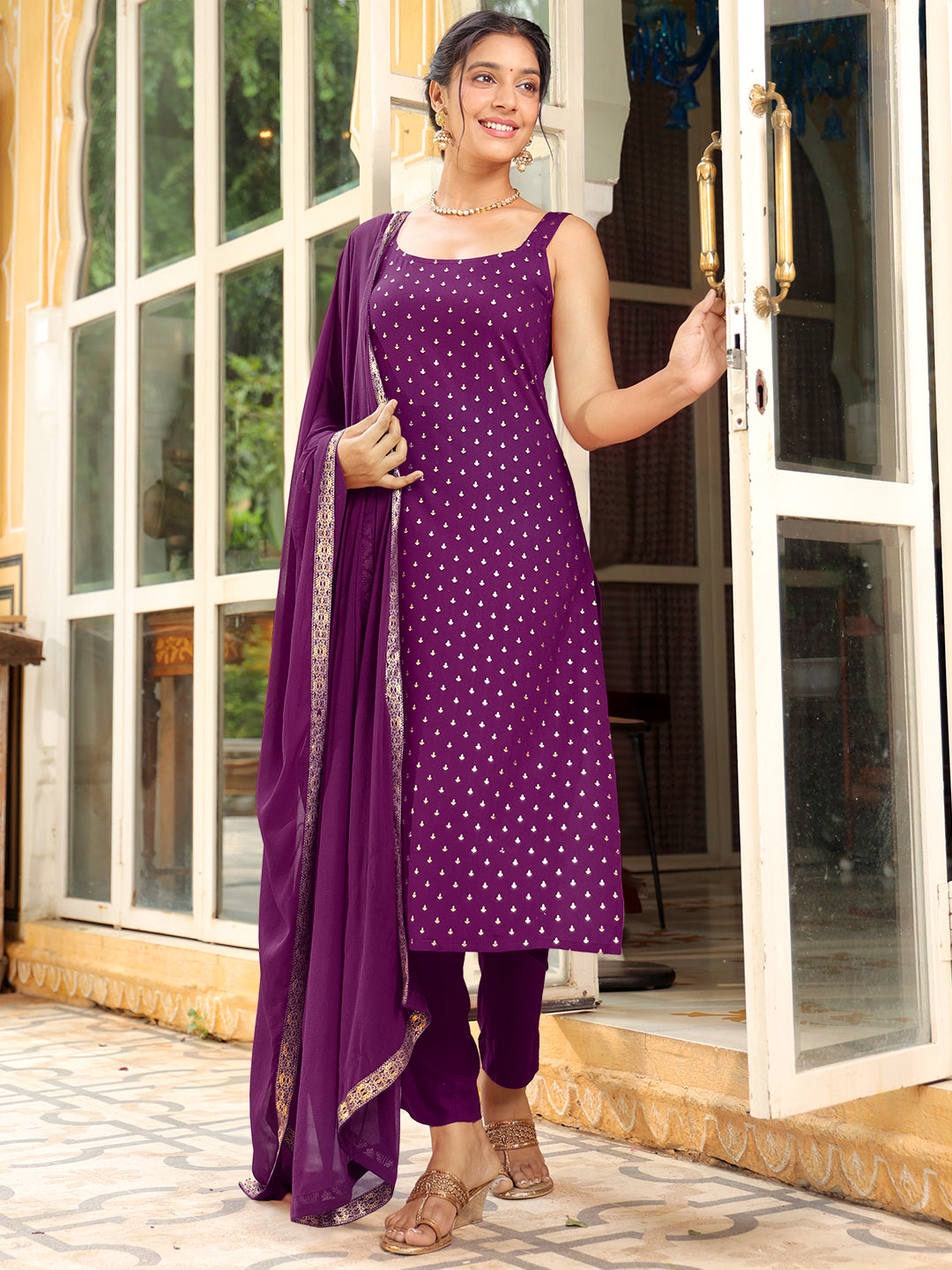Purple Rayon Foil Printed Straight Kurta Set - qivii
