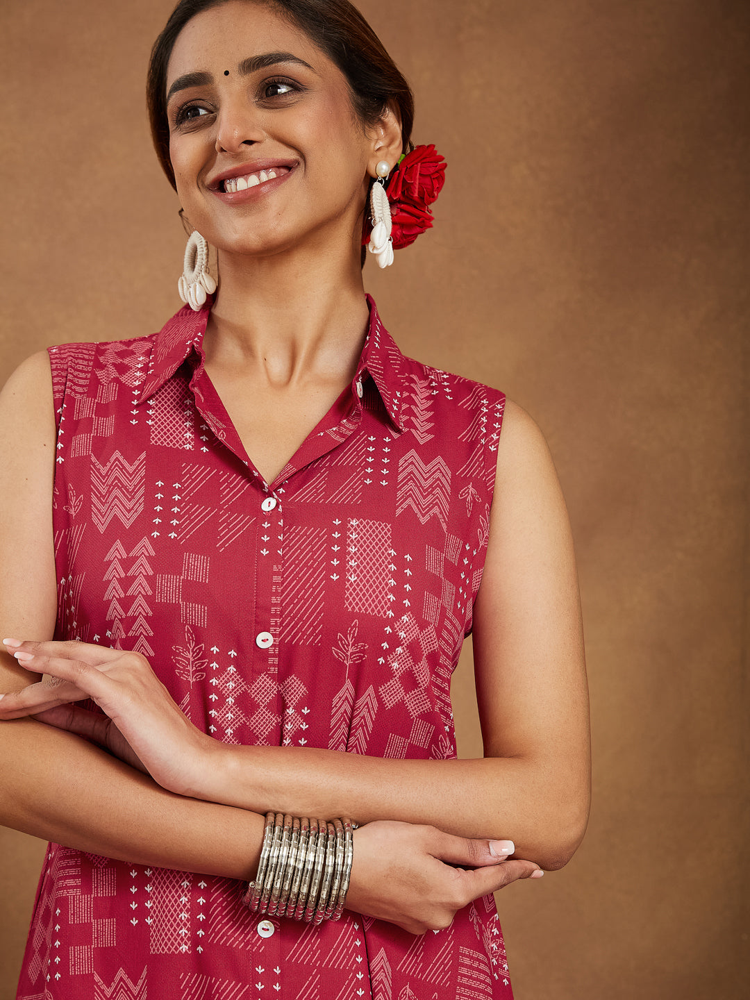 Janasya Women's Red Rayon Geometric Printed A-line Shirt Kurta - qivii