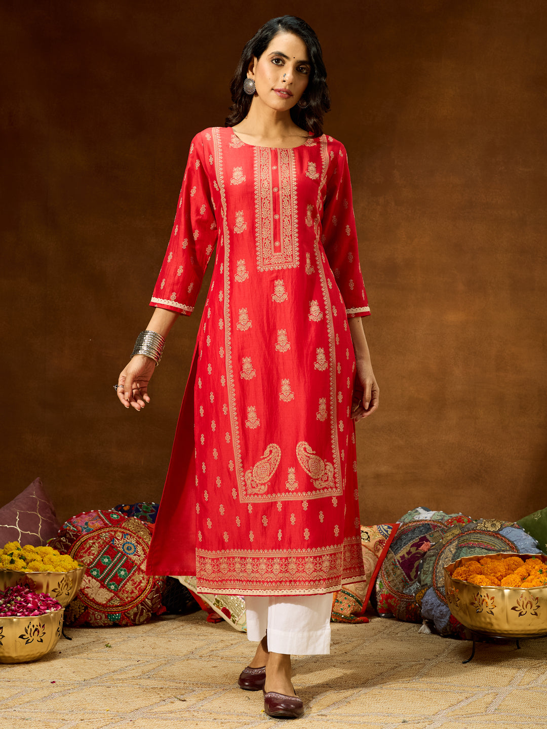 Janasya Women's Red Silk Blend Ethnic Printed Straight Kurta