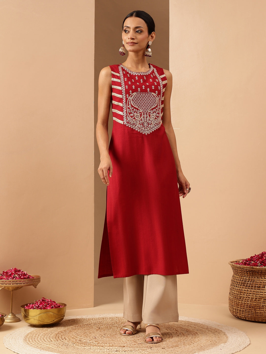 Janasya Women's Red Silk Blend Zari Embroidered Straight Kurta - qivii