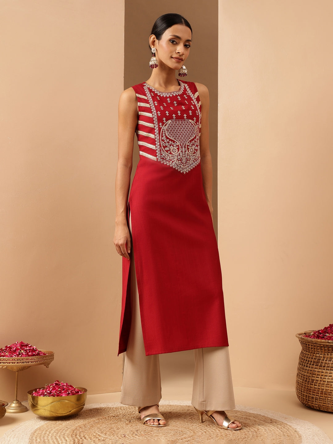 Janasya Women's Red Silk Blend Zari Embroidered Straight Kurta - qivii