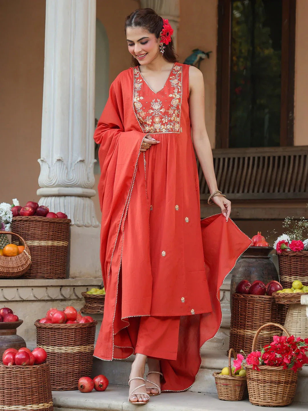 Janasya Women's Rust Pure Cotton Embroidered A-line Kurta Set