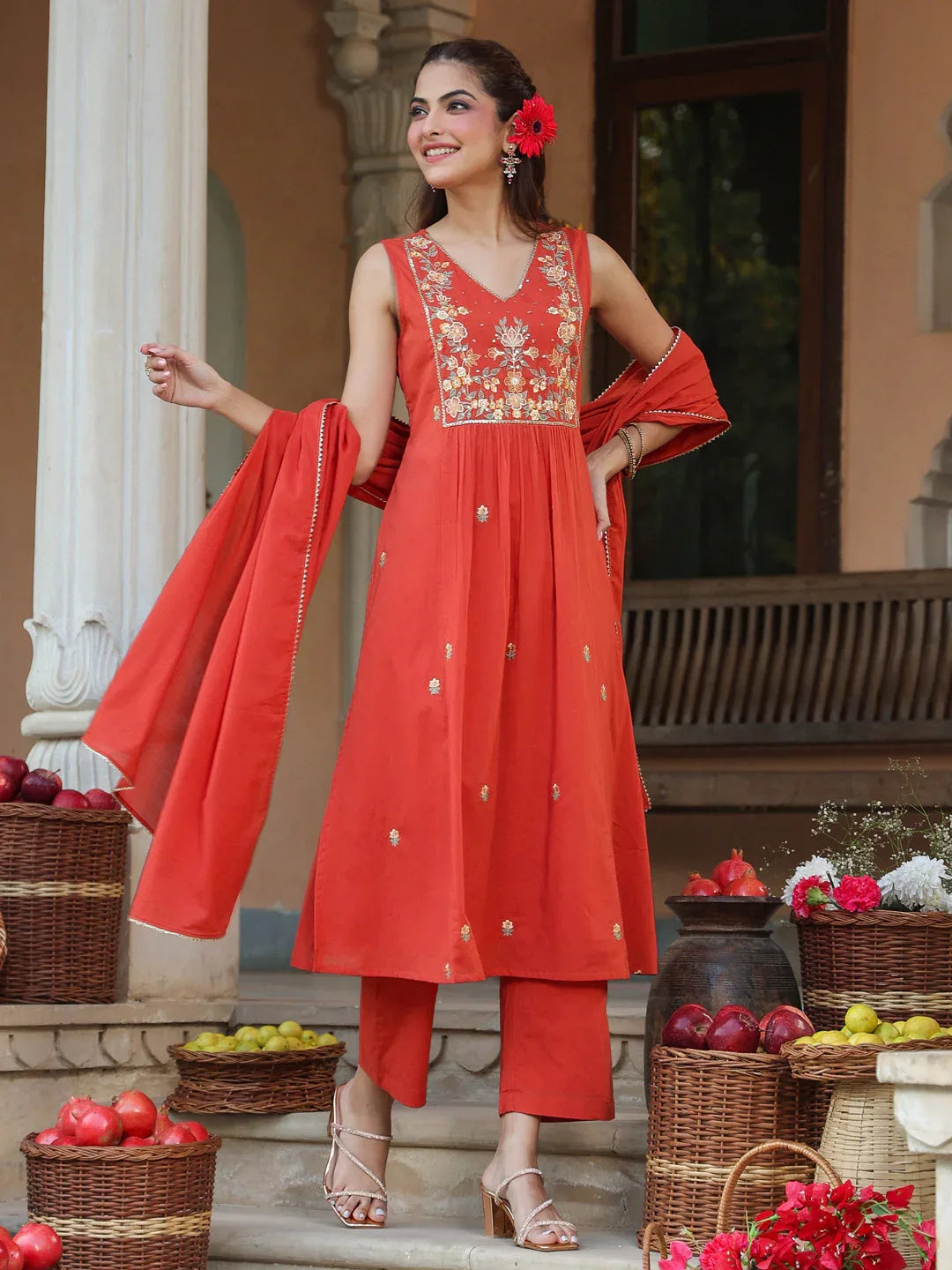 Janasya Women's Rust Pure Cotton Embroidered A-line Kurta Set