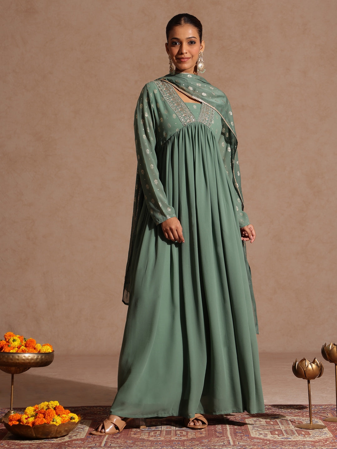 Janasya Women's Sage Green Georgette Embellished Foil Printed Gathered Kurta With Dupatta Set - qivii