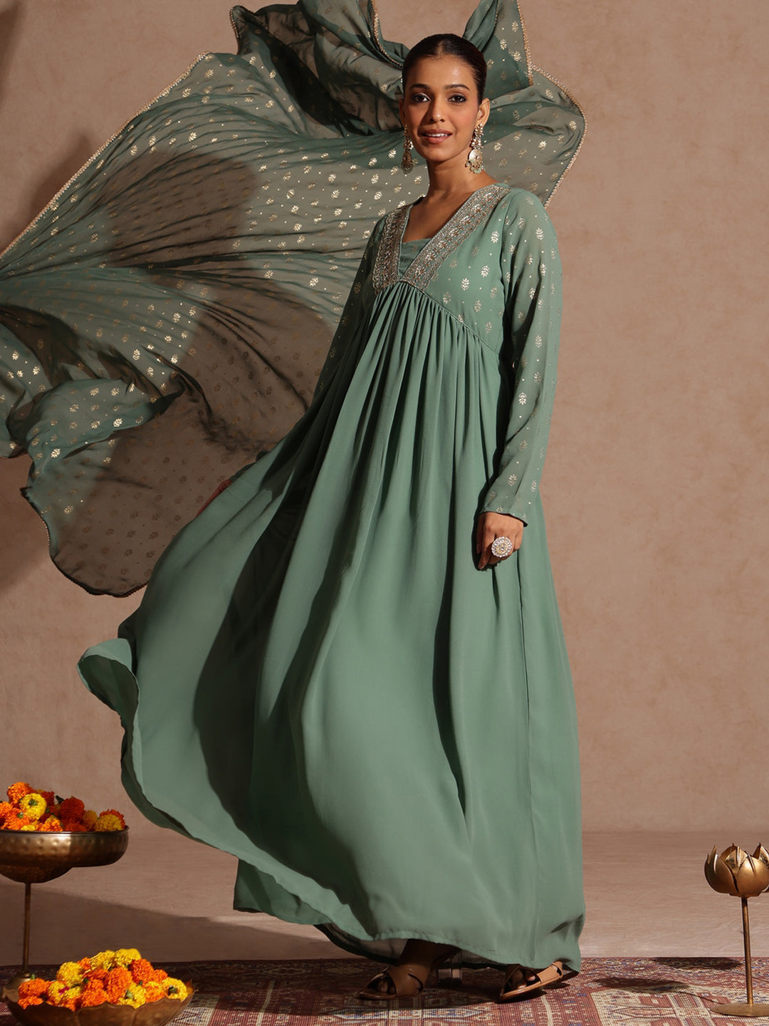 Janasya Women's Sage Green Georgette Embellished Foil Printed Gathered Kurta With Dupatta Set - qivii